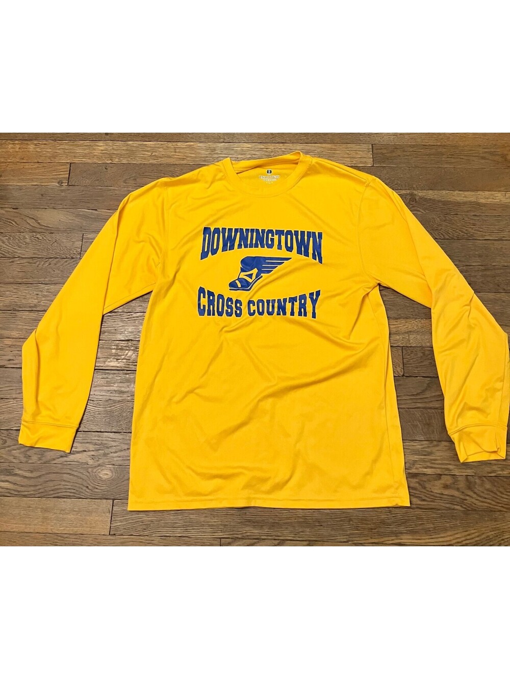 Mens L Downingtown Cross Country Long Sleeve Tee Yellow Blue Running